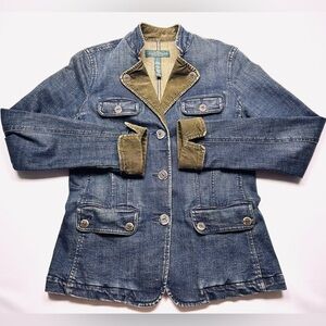 VTG LRL Jacket Med Indigo Denim Olive Green Corduroy Trim